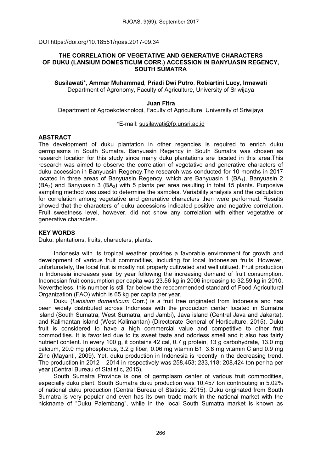 The Correlation of Vegetative and Generative Characters of Duku (Lansium Domesticum Corr.) Accession in Banyuasin Regency, South Sumatra