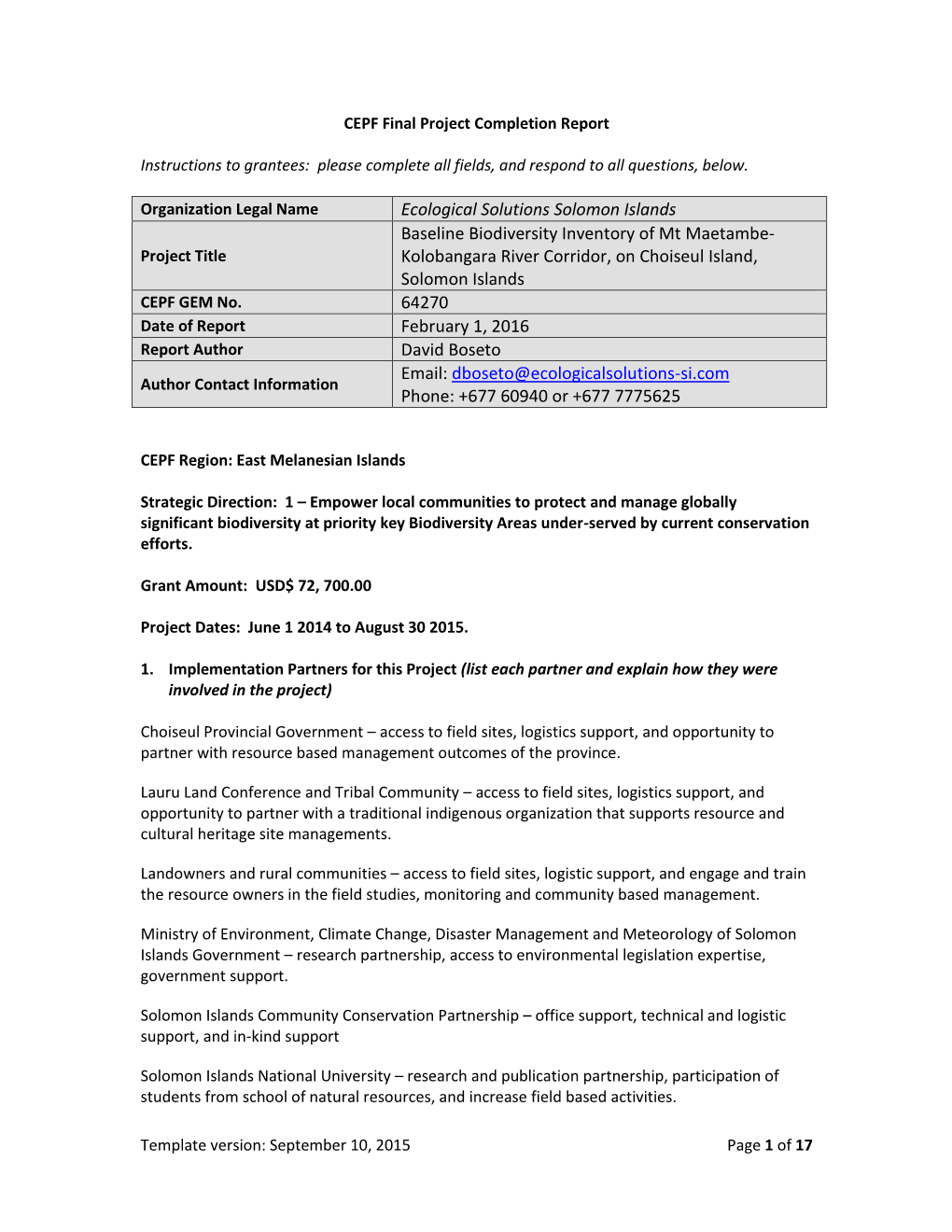 Ecological Solutions Solomon Islands Baseline Biodiversity Inventory Of