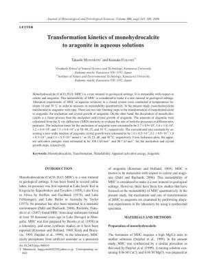 Transformation Kinetics of Monohydrocalcite to Aragonite in Aqueous Solutions