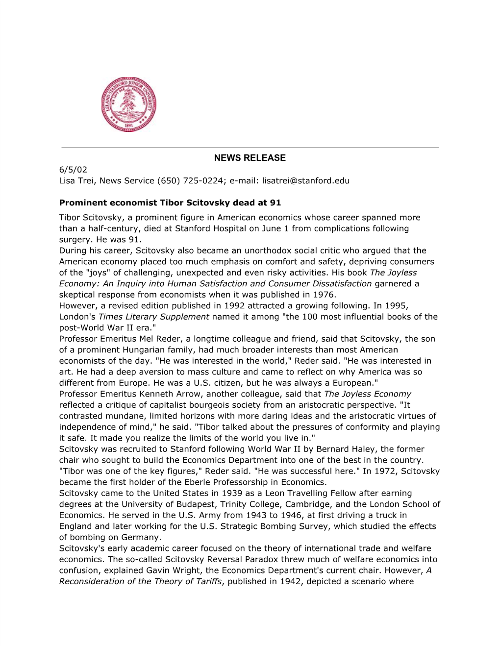 NEWS RELEASE 6/5/02 Lisa Trei, News Service (650) 725-0224; E-Mail: Lisatrei@Stanford.Edu