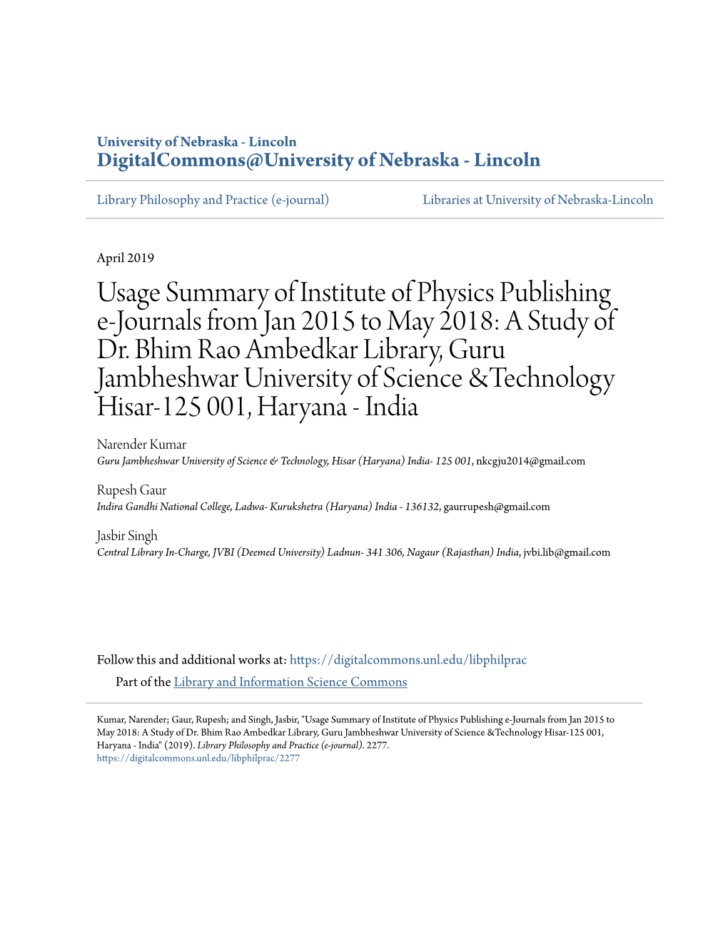 Usage Summary of Institute of Physics Publishing E-Journals from Jan 2015 to May 2018: a Study of Dr. Bhim Rao Ambedkar Library