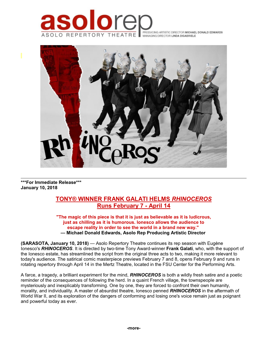 TONY® WINNER FRANK GALATI HELMS RHINOCEROS Runs February 7 - April 14