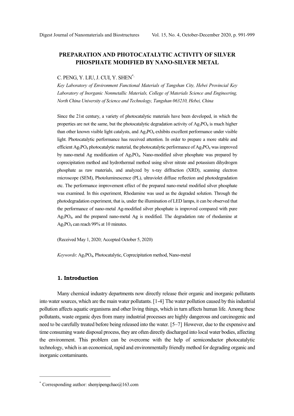 Preparation and Photocatalytic Activity of Silver Phosphate Modified by Nano-Silver Metal