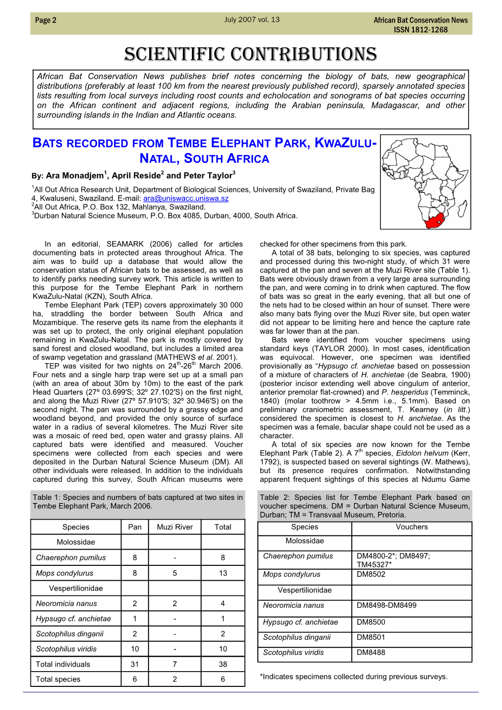 Bats Recorded from Tembe Elephant Park, Kwazulu- Natal