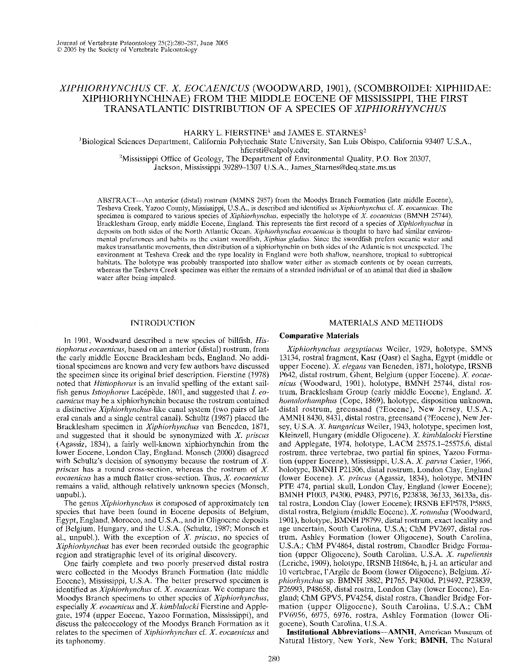 Scombroidei: Xiphiidae: Xiphiorhynchinae) from the Middle Eocene of Mississippi, the First Transatlantic Distribution of a Species of Xiphiorhynchus