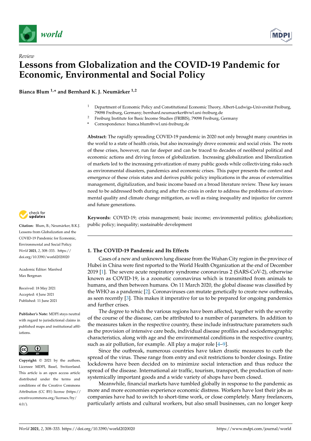 Lessons from Globalization and the COVID-19 Pandemic for Economic, Environmental and Social Policy