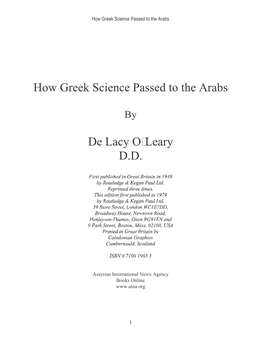 How Greek Science Passed to the Arabs De Lacy O Leary D.D