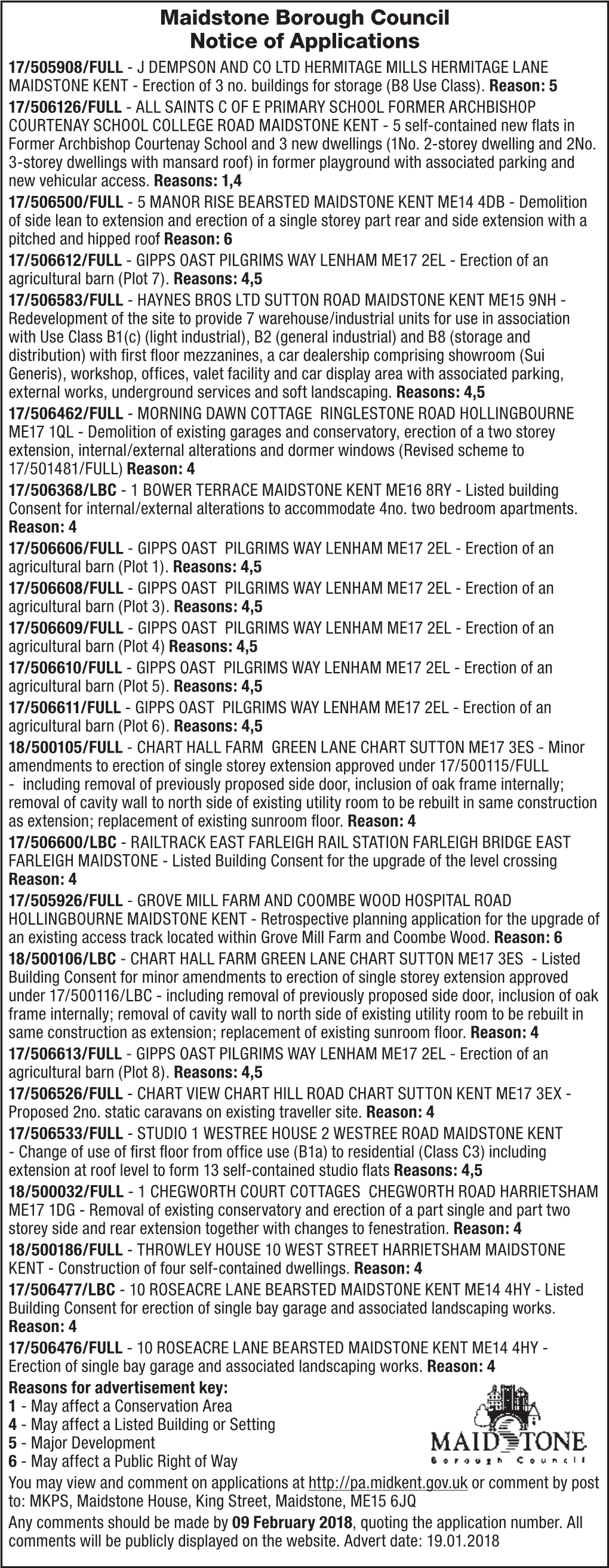 Maidstone Borough Council Notice of Applications 17/505908/FULL - J DEMPSON and CO LTD HERMITAGE MILLS HERMITAGE LANE MAIDSTONE KENT - Erection of 3 No