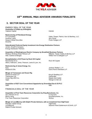18Th Annual M&A Advisor Awards Finalists I. Sector