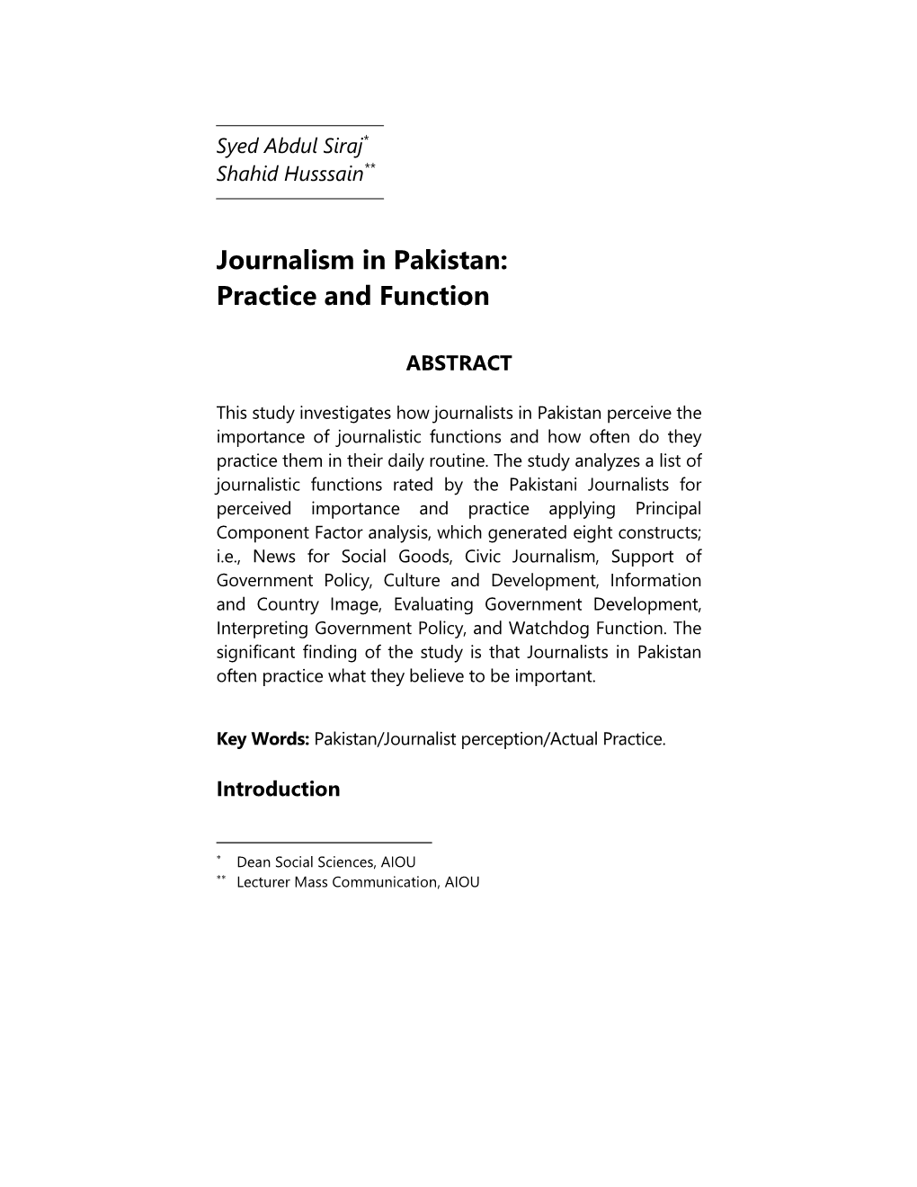 Journalism in Pakistan: Practice and Function