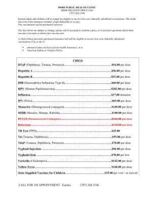 Price List of Vaccinations at Public Health Clinics