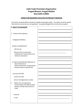 Form for Booking Facilities in Pragati Maidan