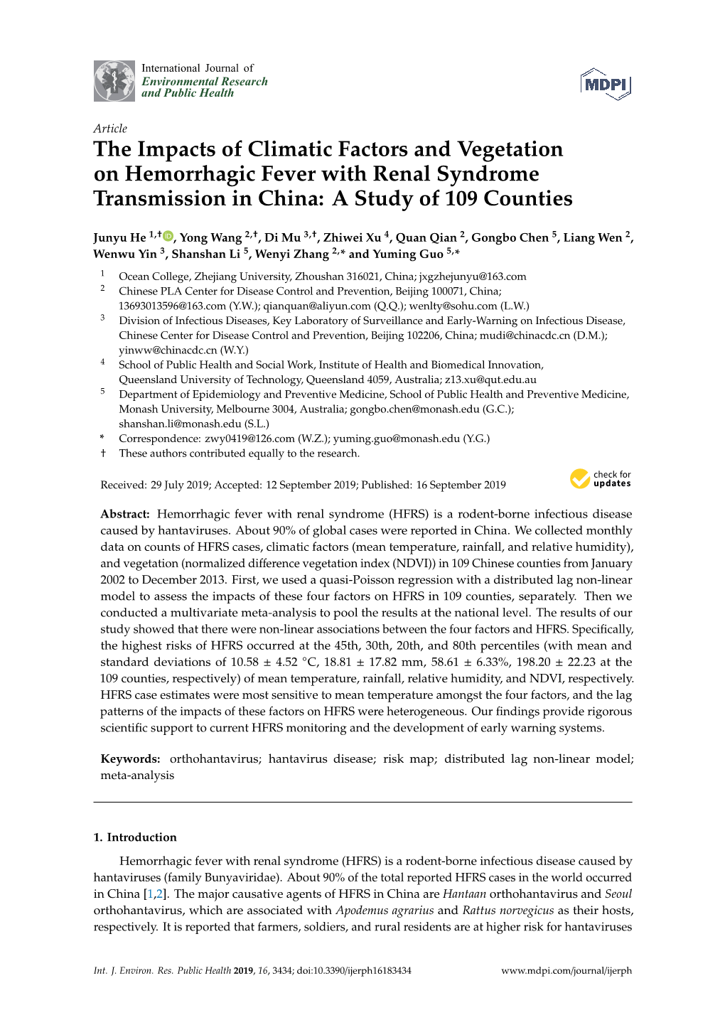 The Impacts of Climatic Factors and Vegetation on Hemorrhagic Fever with Renal Syndrome Transmission in China: a Study of 109 Counties