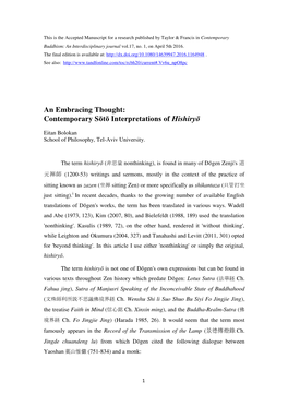 An Embracing Thought: Contemporary Sōtō Interpretations of Hishiryō