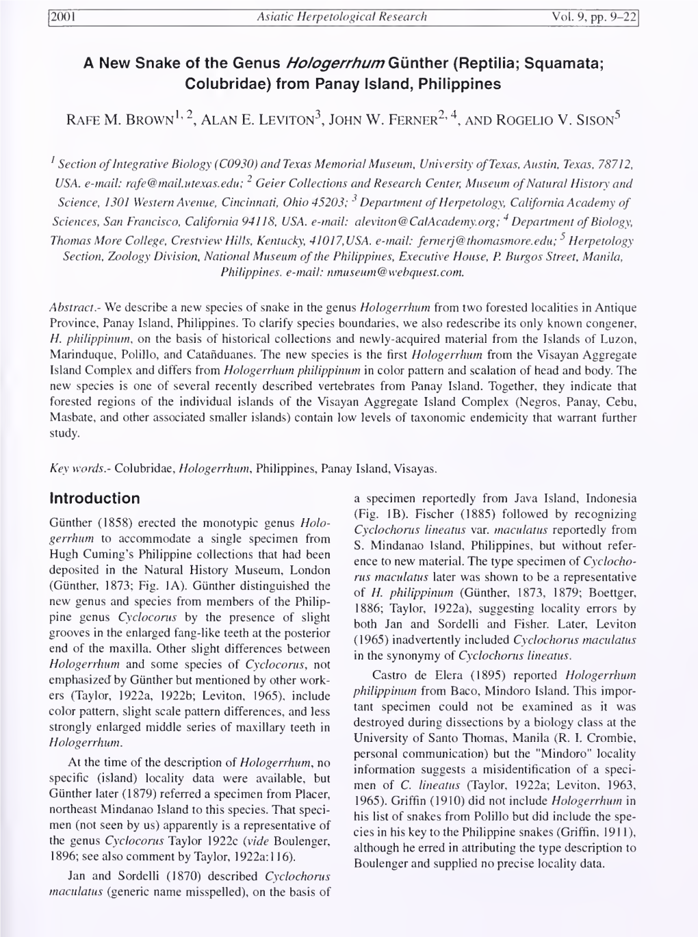 A New Snake of the Genus Ho/Ogerrhum Gur\\Her (Reptilia; Squamata; Colubridae) from Panay Island, Philippines