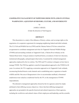 I COOPERATIVE MANAGEMENT of TOPPENISH CREEK WETLANDS in CENTRAL WASHINGTON: a QUESTION of HISTORY, CULTURE, and SOVEREIGNTY