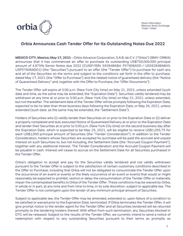 Orbia Announces Cash Tender Offer for Its Outstanding Notes Due 2022