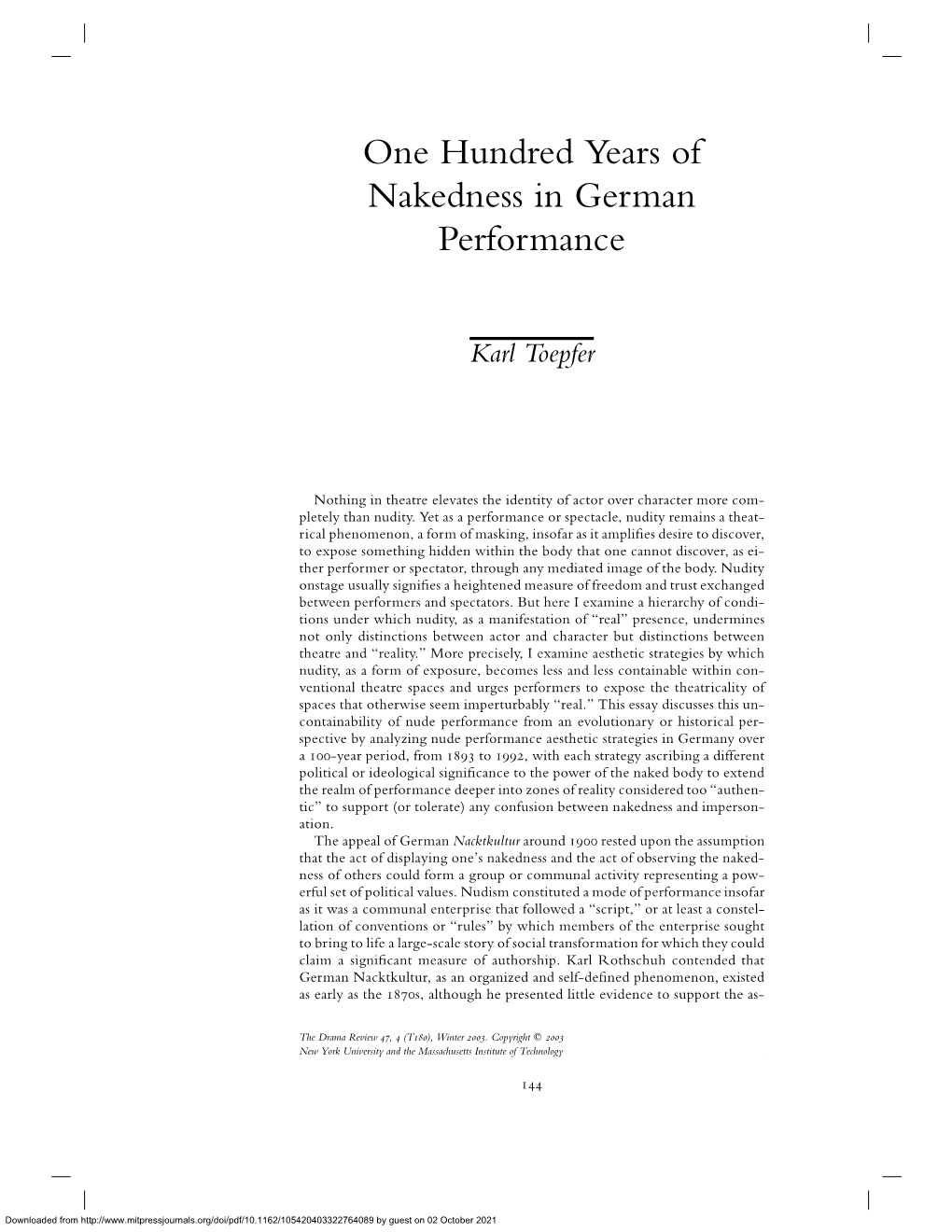 One Hundred Years of Nakedness in German Performance