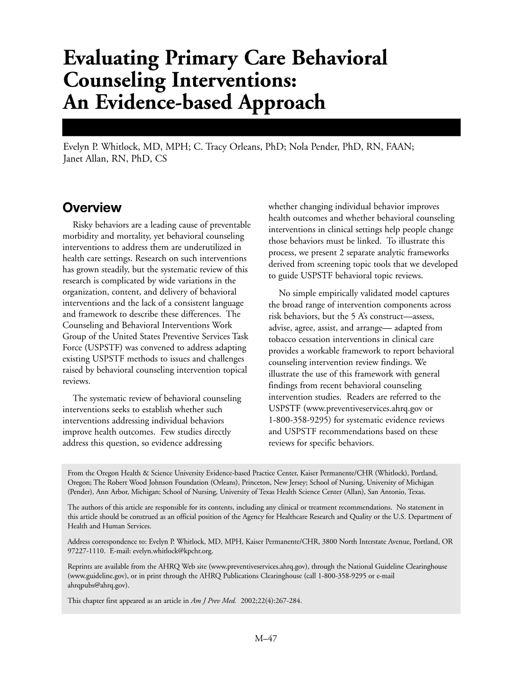 Evaluating Primary Care Behavioral Counseling Interventions: an Evidence-Based Approach