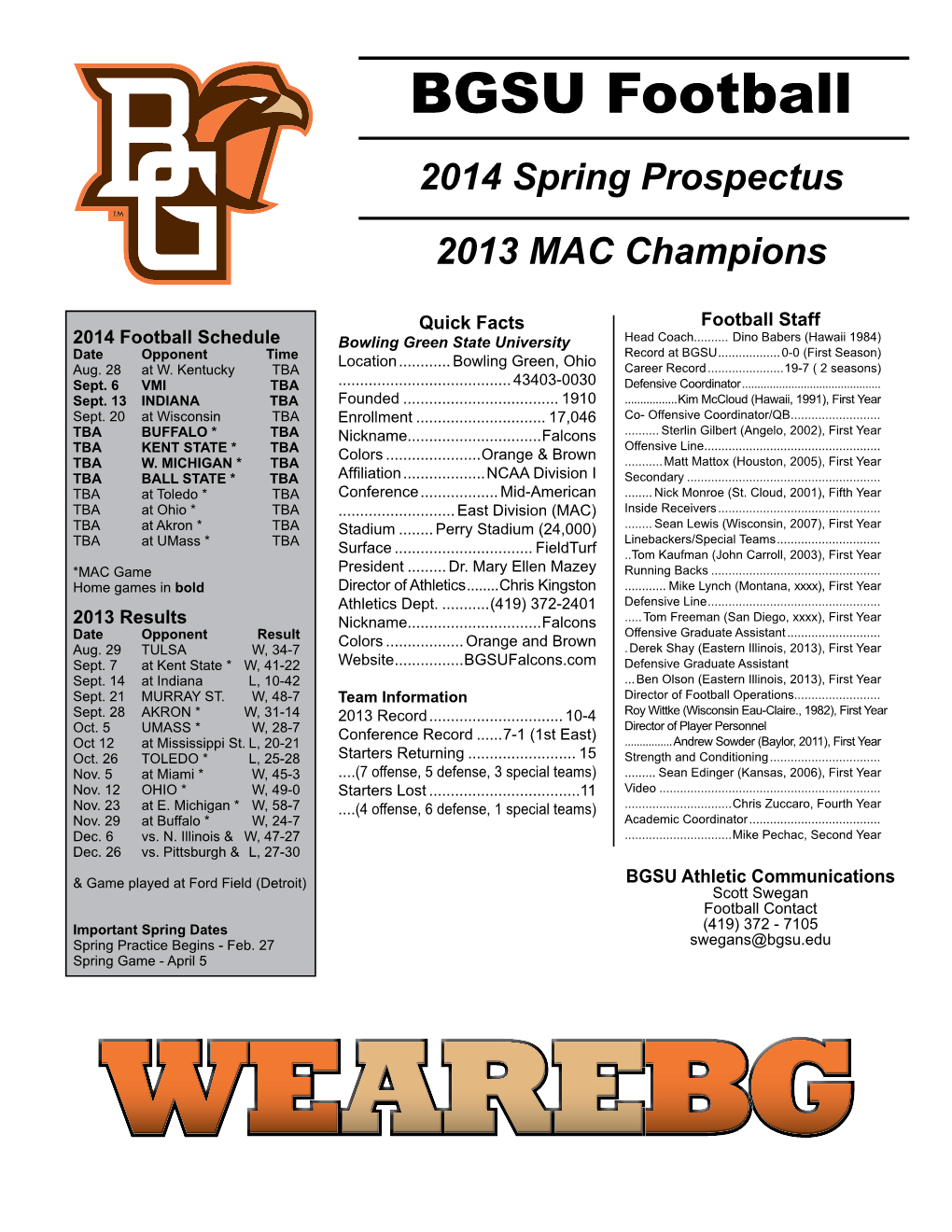 BGSU Football 2014 Spring Prospectus 2013 MAC Champions