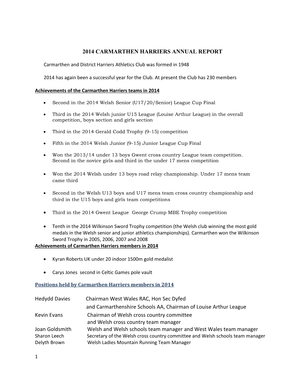 2014 CARMARTHEN HARRIERS ANNUAL REPORT Hedydd Davies