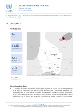 NIGER : REGION DE TAHOUA Rapport Mensuel Au 30 Septembre 2020