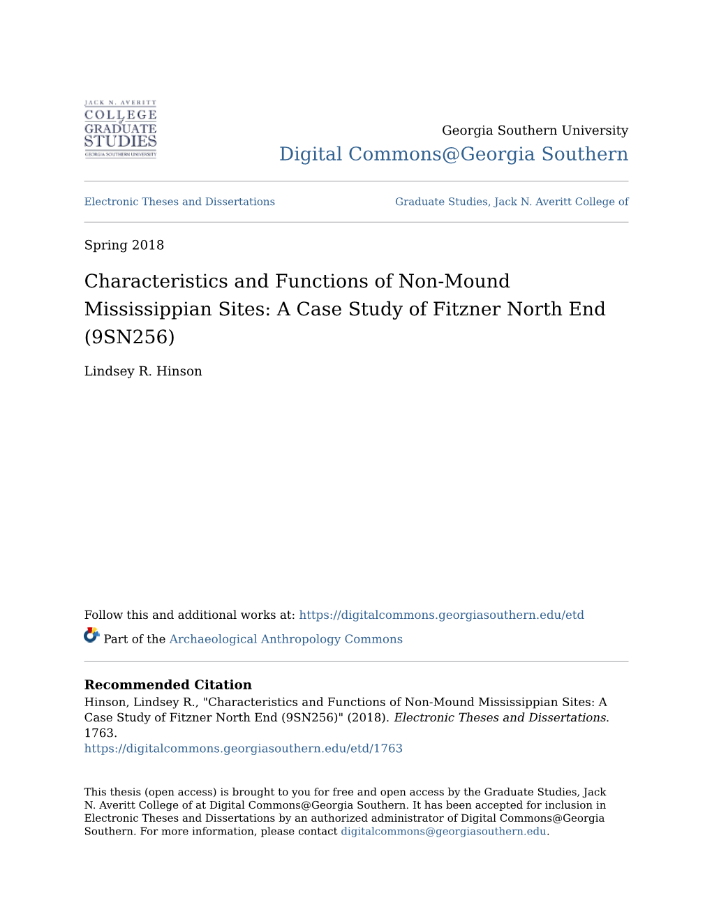 Characteristics and Functions of Non-Mound Mississippian Sites: a Case Study of Fitzner North End (9SN256)