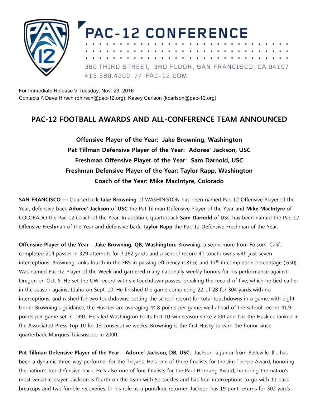 Pac-12 Football Awards and All-Conference Team Announced