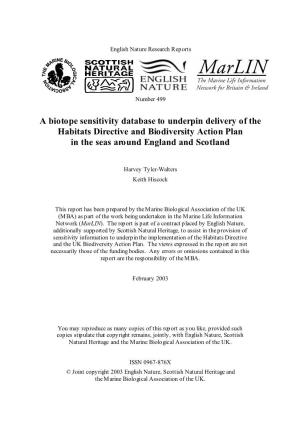 A Biotope Sensitivity Database to Underpin Delivery of the Habitats Directive and Biodiversity Action Plan in the Seas Around England and Scotland