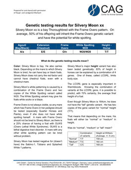 Genetic Testing Results for Silvery Moon Xx Silvery Moon Xx Is a Bay Thoroughbred with the Frame Overo Pattern