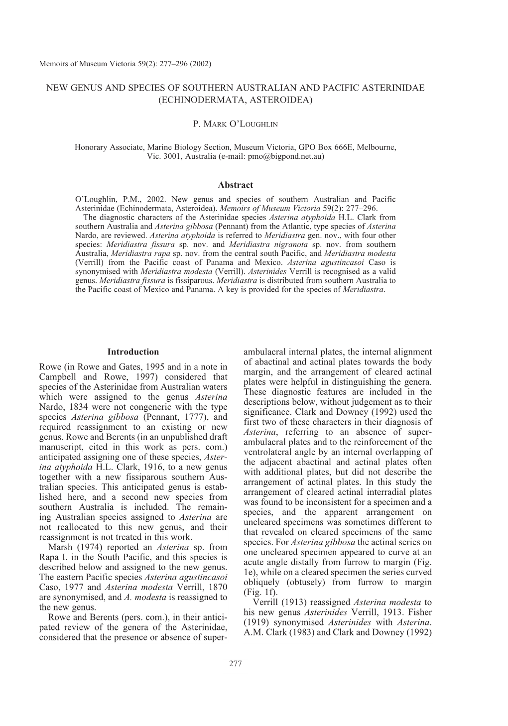 New Genus and Species of Southern Australian and Pacific Asterinidae (Echinodermata, Asteroidea)