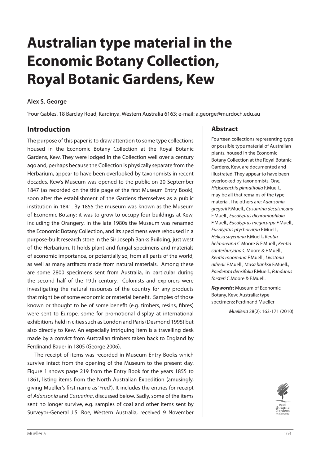 Australian Type Material in the Economic Botany Collection, Royal Botanic Gardens, Kew