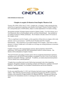 Cineplex to Acquire 26 Theatres from Empire Theatres Ltd