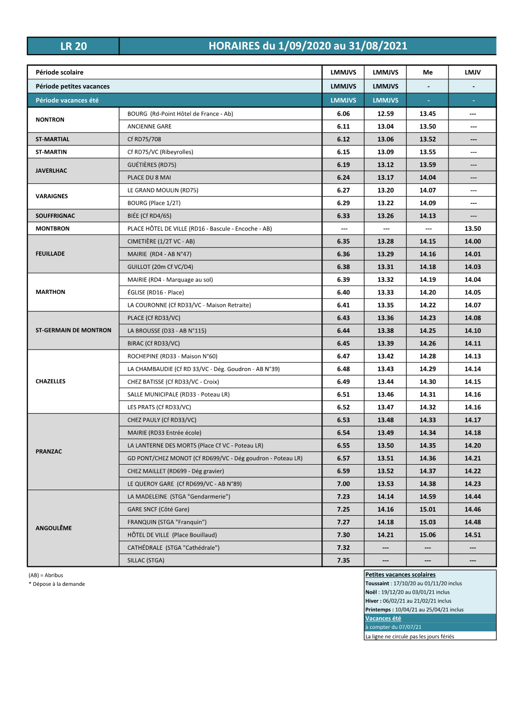 LR 20 HORAIRES Du 1/09/2020 Au 31/08/2021