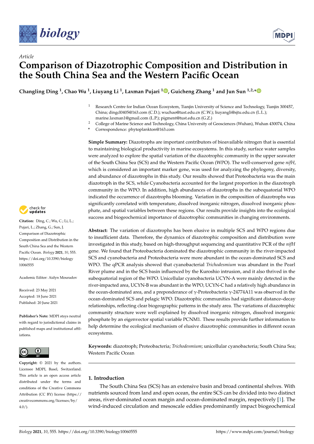 Comparison of Diazotrophic Composition and Distribution in the South China Sea and the Western Paciﬁc Ocean