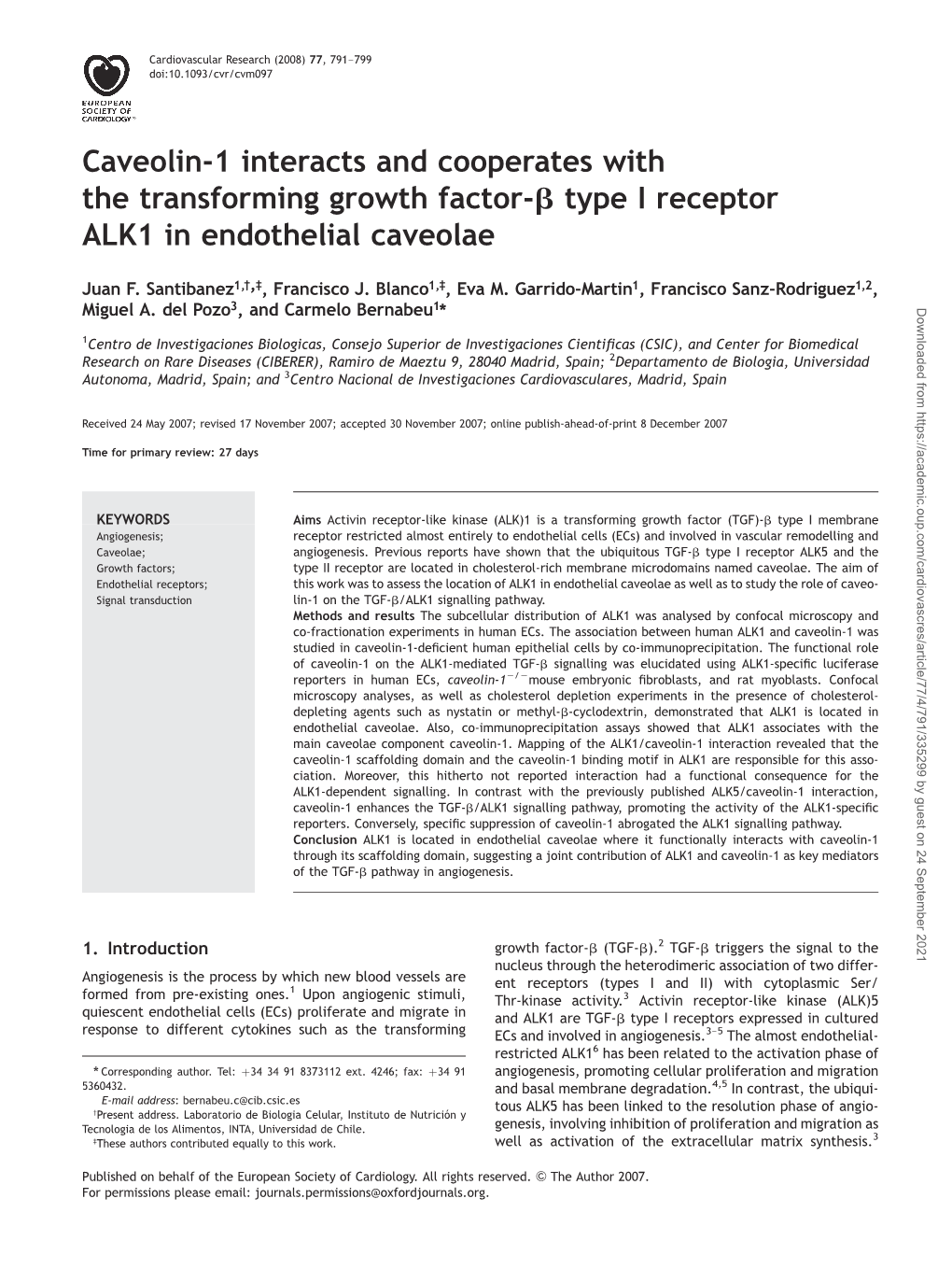 Caveolin-1 Interacts and Cooperates with the Transforming Growth Factor-B Type I Receptor ALK1 in Endothelial Caveolae