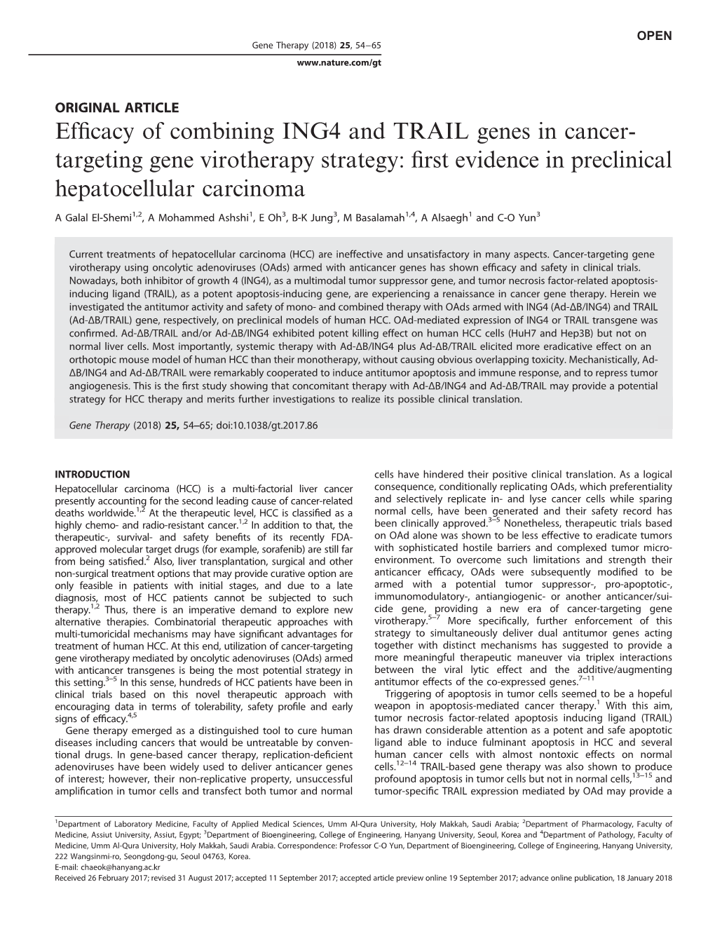 Efficacy of Combining ING4 and TRAIL Genes In