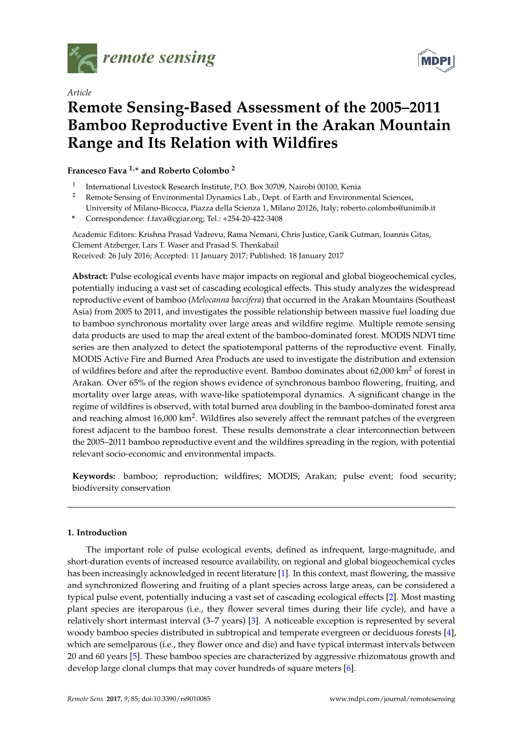 Remote Sensing-Based Assessment of the 2005–2011 Bamboo Reproductive Event in the Arakan Mountain Range and Its Relation with Wildﬁres