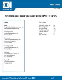 Mergermarket League Tables of Legal Advisers to Global M&A for Full Year