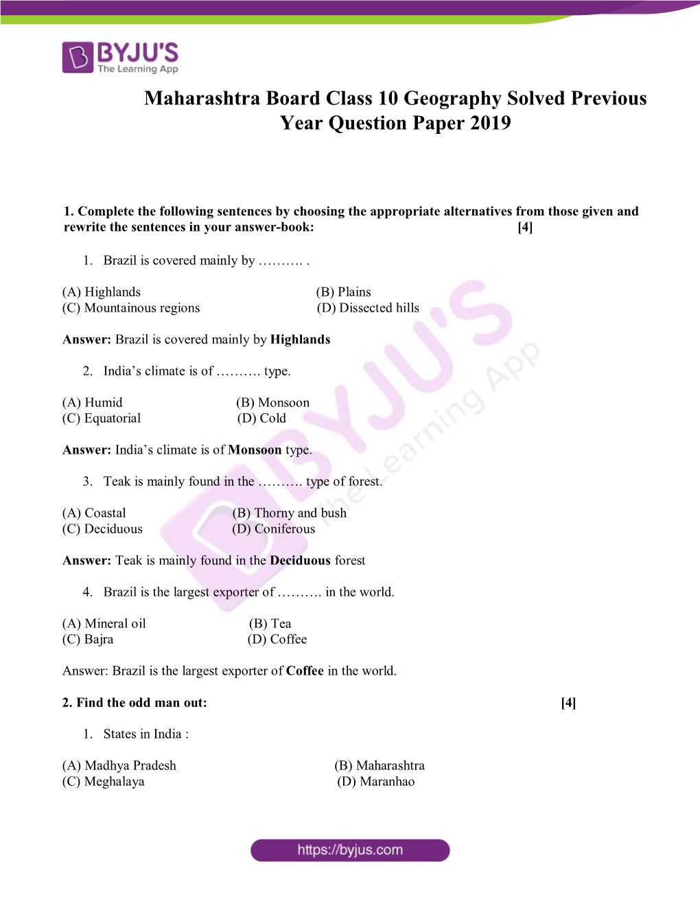 Maharashtra Board Class 10 Geography Solved Previous Year Question Paper 2019