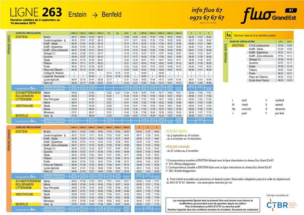 LIGNE 263 Erstein Benfeld Horaires Valables Du 2 Septembre Au 0972 67 67 67 14 Décembre 2019 Appel Non Surtaxé