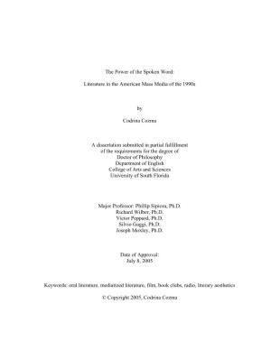 Literature in the American Mass Media of the 1990S by Codrina Cozma a Dissertation Submitted in P