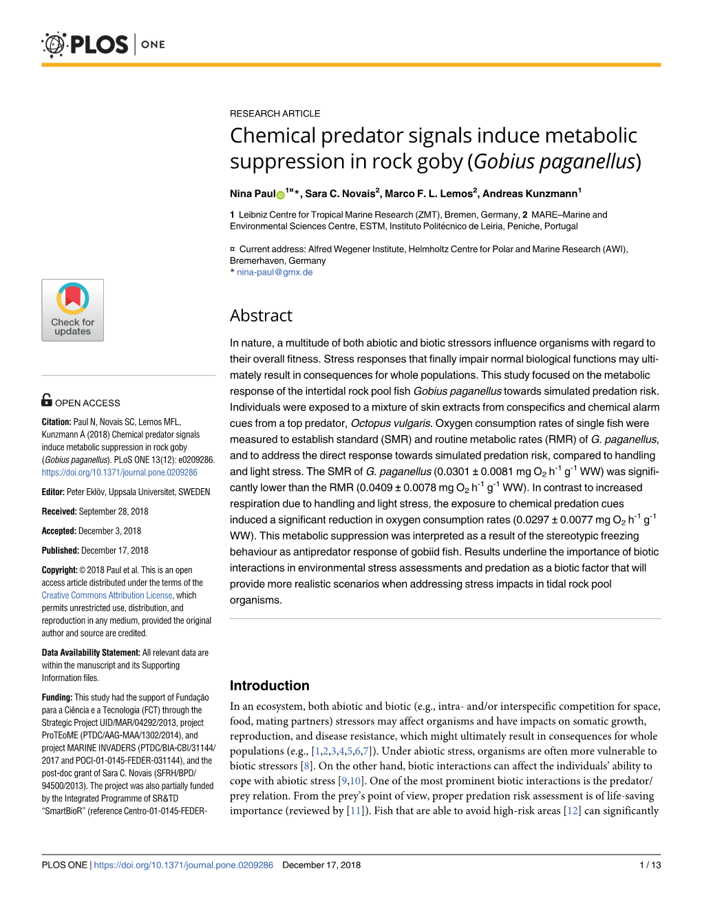 Chemical Predator Signals Induce Metabolic Suppression in Rock Goby (Gobius Paganellus)