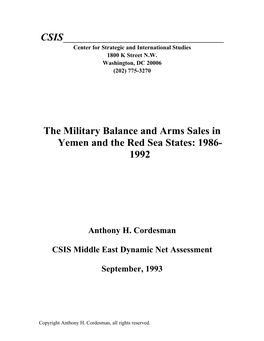 The Military Balance and Arms Sales in Yemen and the Red Sea States: 1986- 1992