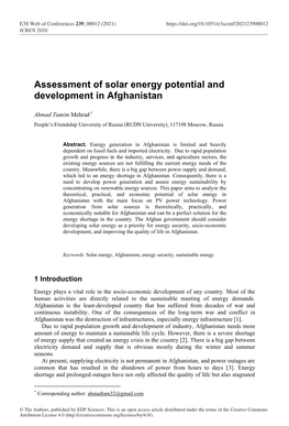 Assessment of Solar Energy Potential and Development in Afghanistan