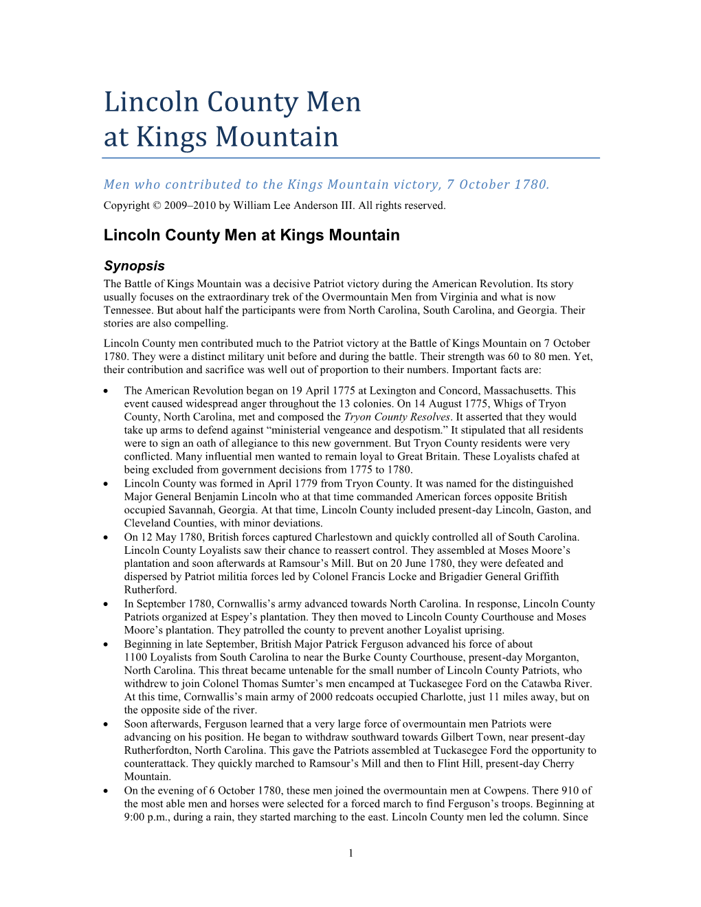 Lincoln County Men at Kings Mountain