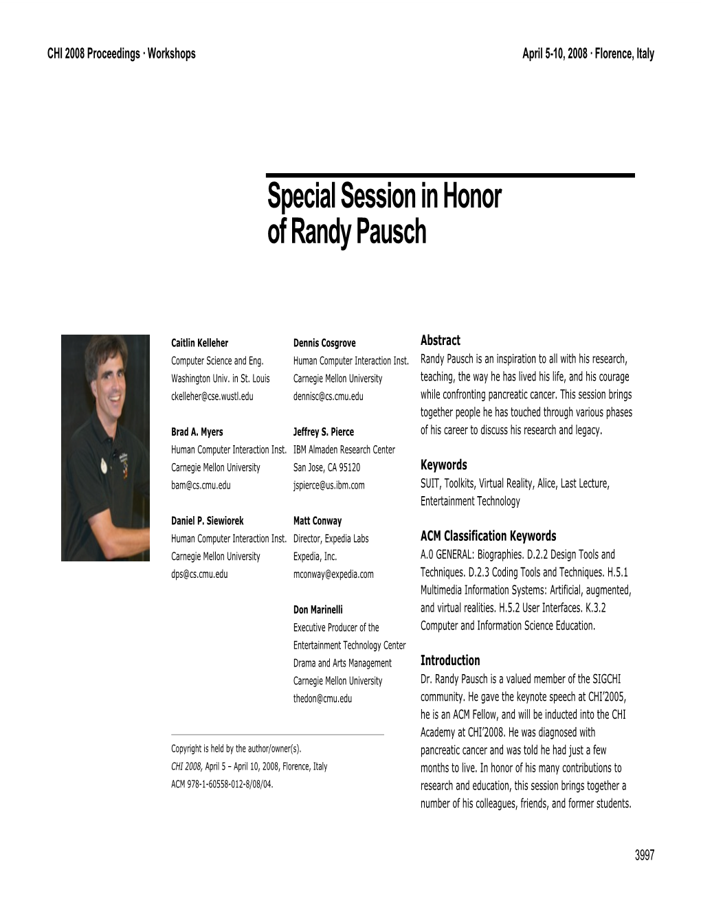 Special Session in Honor of Randy Pausch