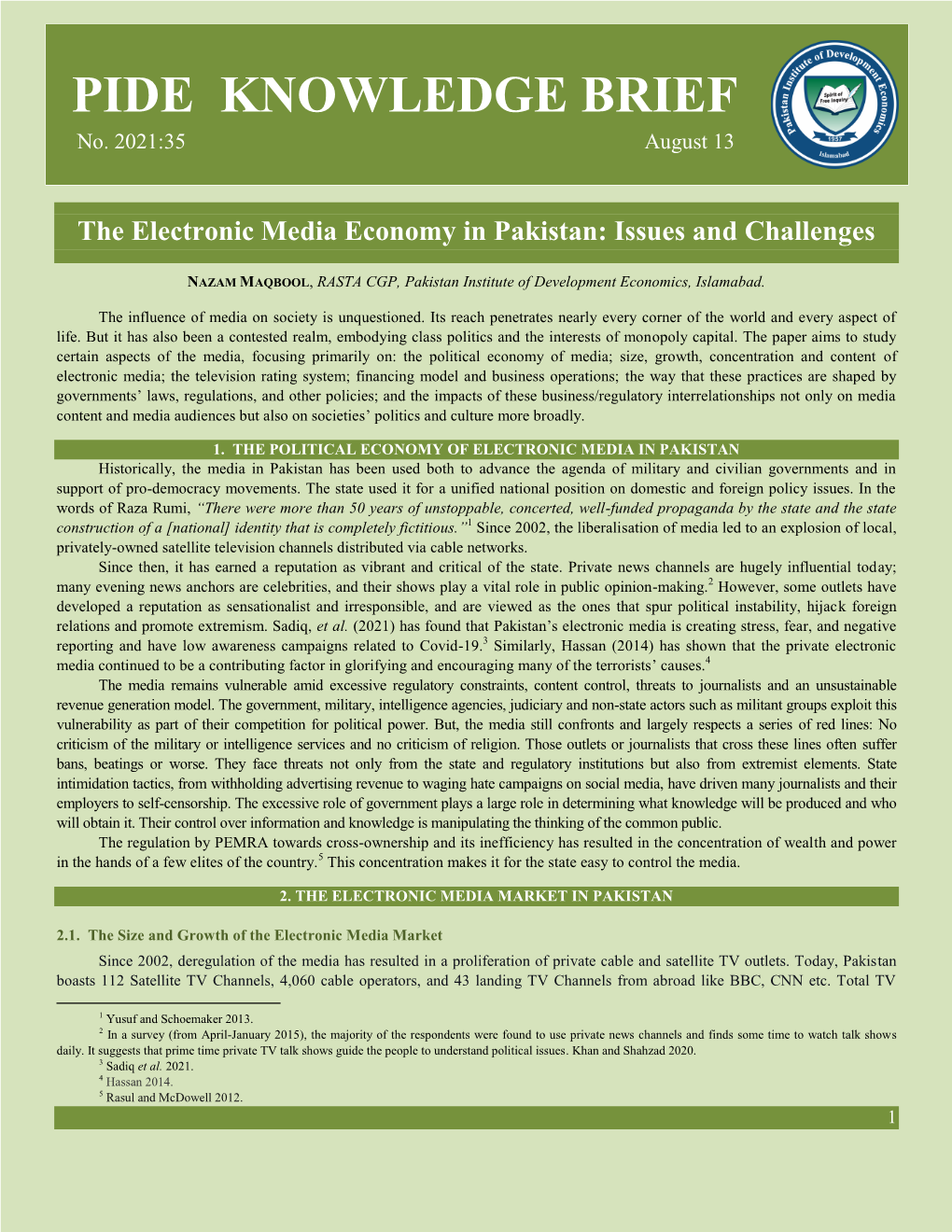 The Electronic Media Economy in Pakistan: Issues and Challenges