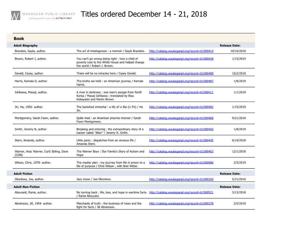 Titles Ordered December 14 - 21, 2018