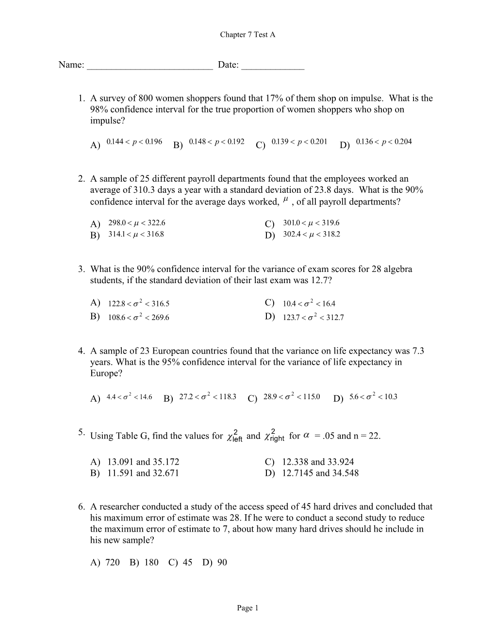 Chapter 7 Test A